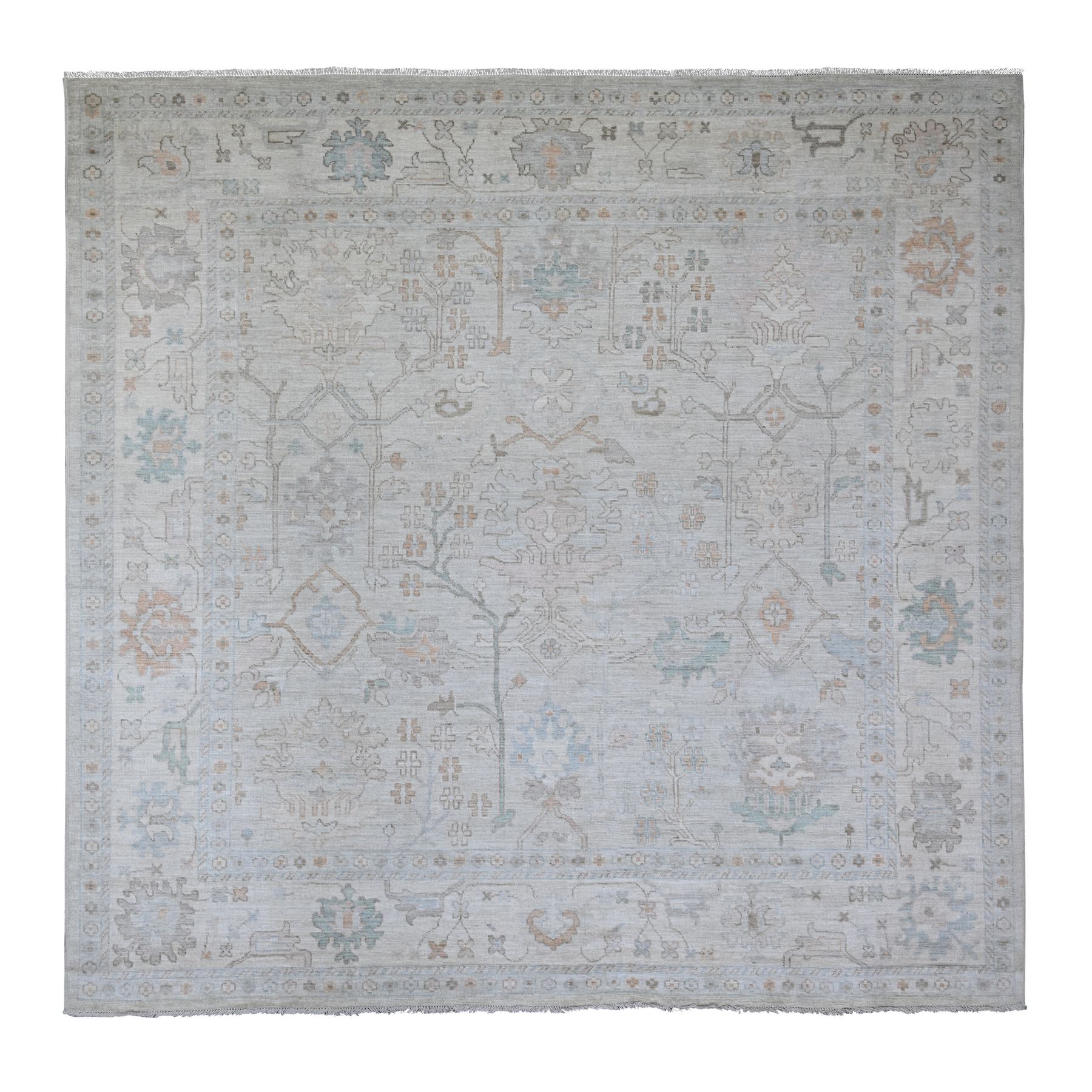 Medium Gray, Hand Knotted, 100% Wool, Afghan Angora Oushak with All Over Design, Vegetable Dyes, Square, Oriental Rug
